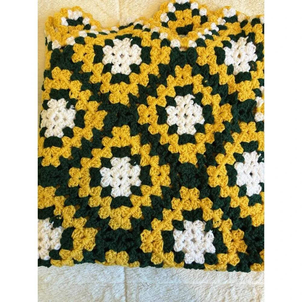 Green Bay Packers Inspired Afghan Granny Square 36x70” Blanket Green Gold EUC